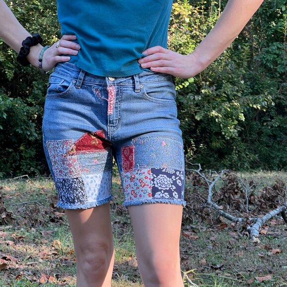 Upcycled Patchwork Denim Shorts, Boho Festival Shorts with Mixed Floral Patches - Picture 3 of 7